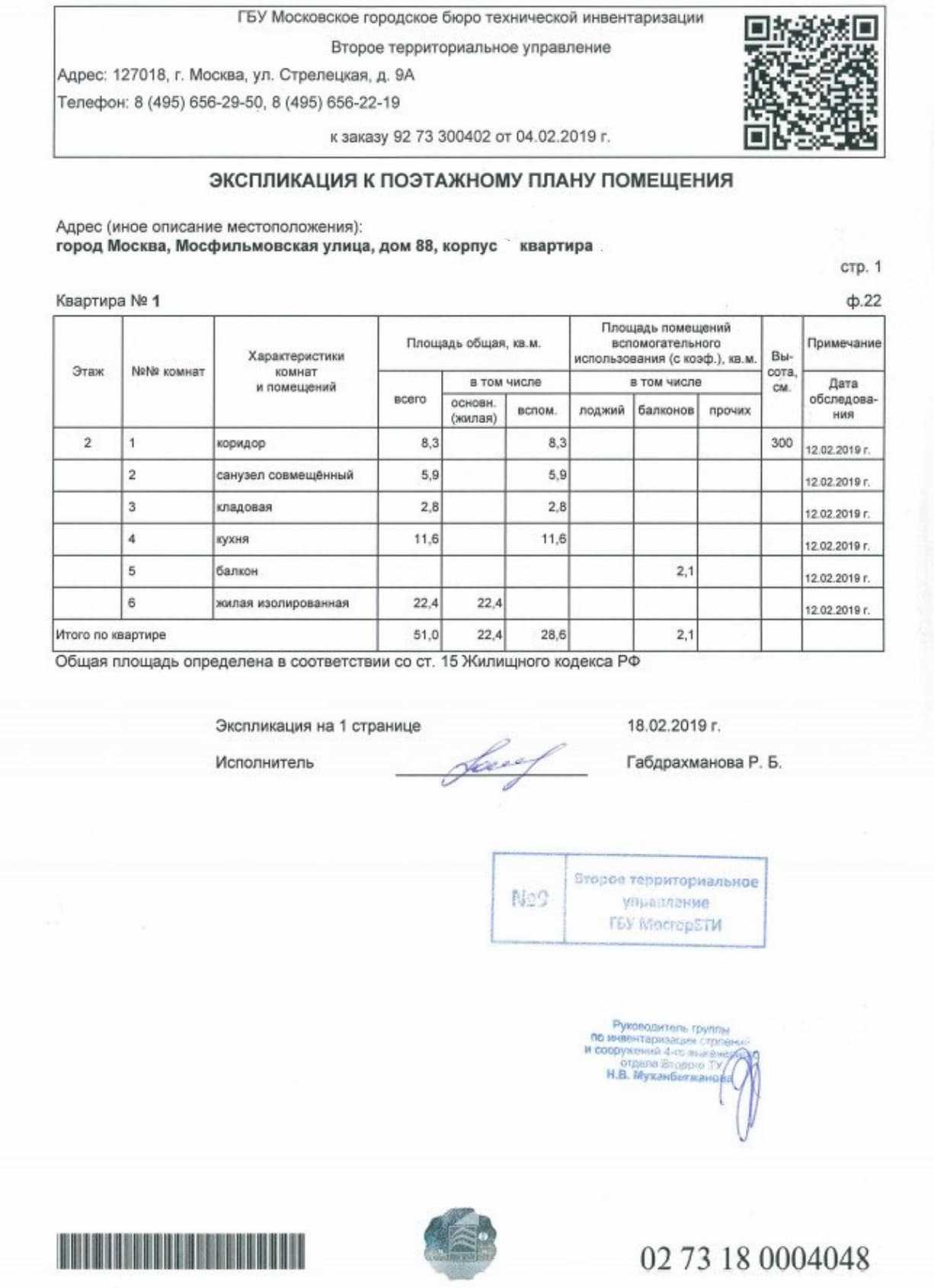Экспликация к поэтажному плану помещения из БТИ