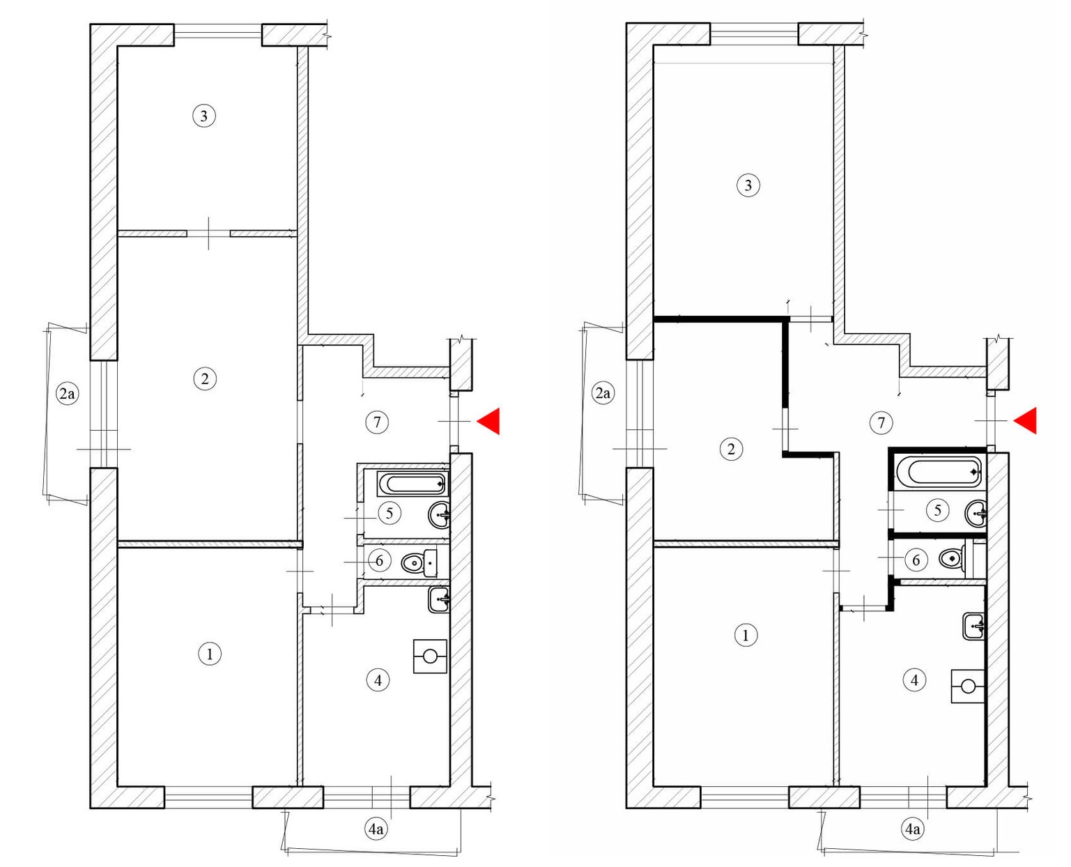 Слева план квартиры до перепланировки, справа – после. До перепланировки квартира была с одной изолированной комнатой из трех. 