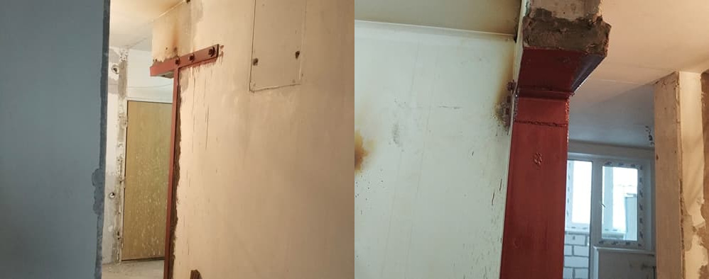 Во время ремонта срезали часть несущей стеновой панели в доме серии П-55. Выполнено Т-образное усиление, которое согласовывалось с МНИИТЭП