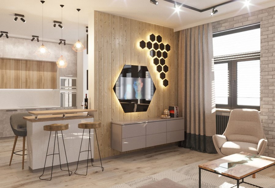 Пример дизайн-проекта с объединенной кухня-гостиной в жилом комплексе «Донской Олимп»