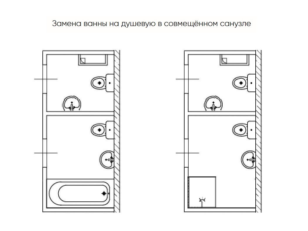 Замена ванны на душевую в совмещённом санузле Замена ванны на душевую в совмещённом санузле